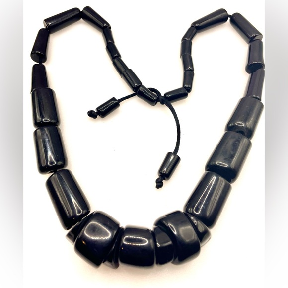 Vintage Large Black Lucite Beaded Necklace on Satin Cord Chunky Bold Statement - Picture 2 of 6